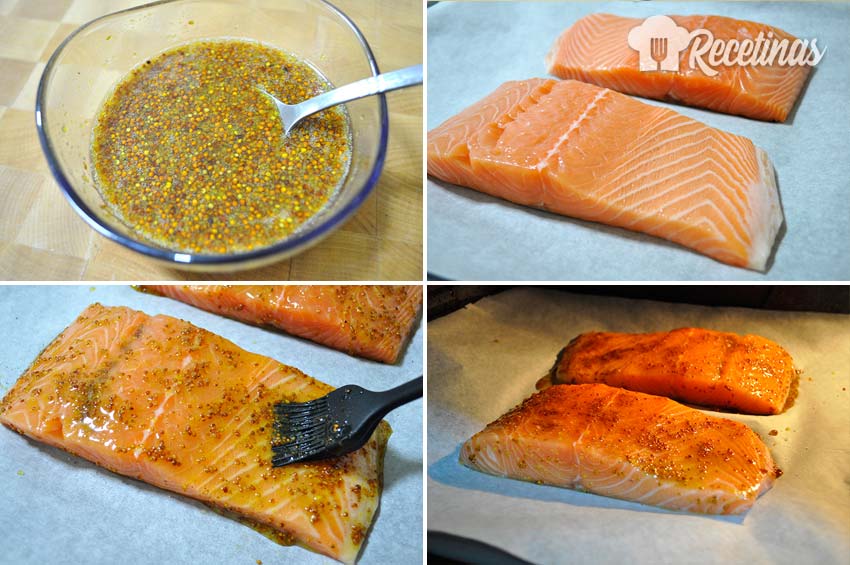Lomos de salmón al horno con salsa de mostaza y miel.