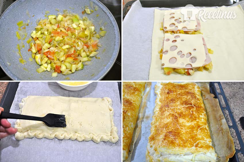 Empanada hojaldrada rellena de pisto, jamón y queso fundido.