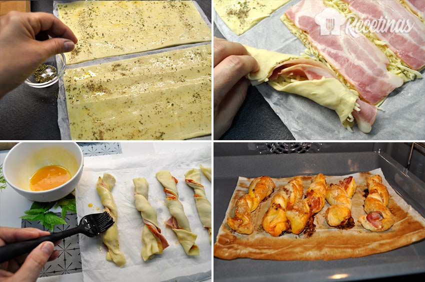 Receta fácil para hacer palitos hojaldrados con bacon y queso.