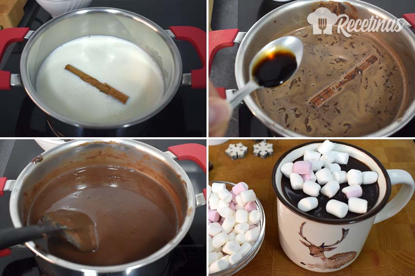 Preparación de chocolate caliente con malvaviscos.