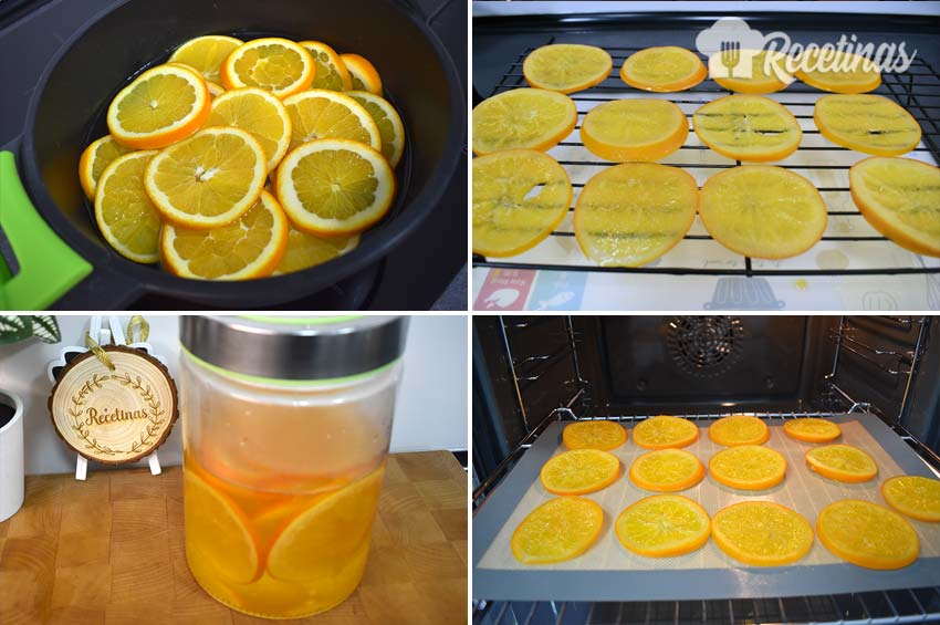Preparando naranjas confitadas.