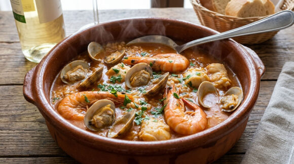 Arroz caldoso con almejas, gambas y rape