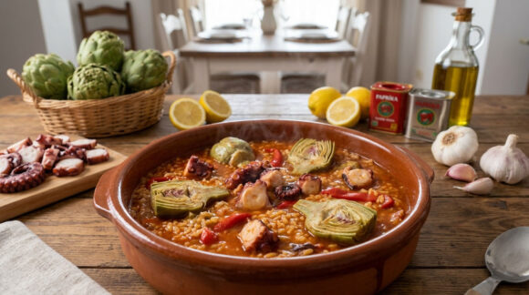 Arroz caldoso con pulpo y alcachofas